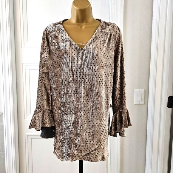 Tan Black Dot Velvet Tunic Womens S Bell Sleeve Cocktail Pleats Crystals Stretch - Picture 1 of 10